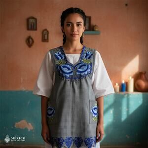 Blue Mexican Embroidered Apron – Standard Kitchen Apron Floral Embroidery